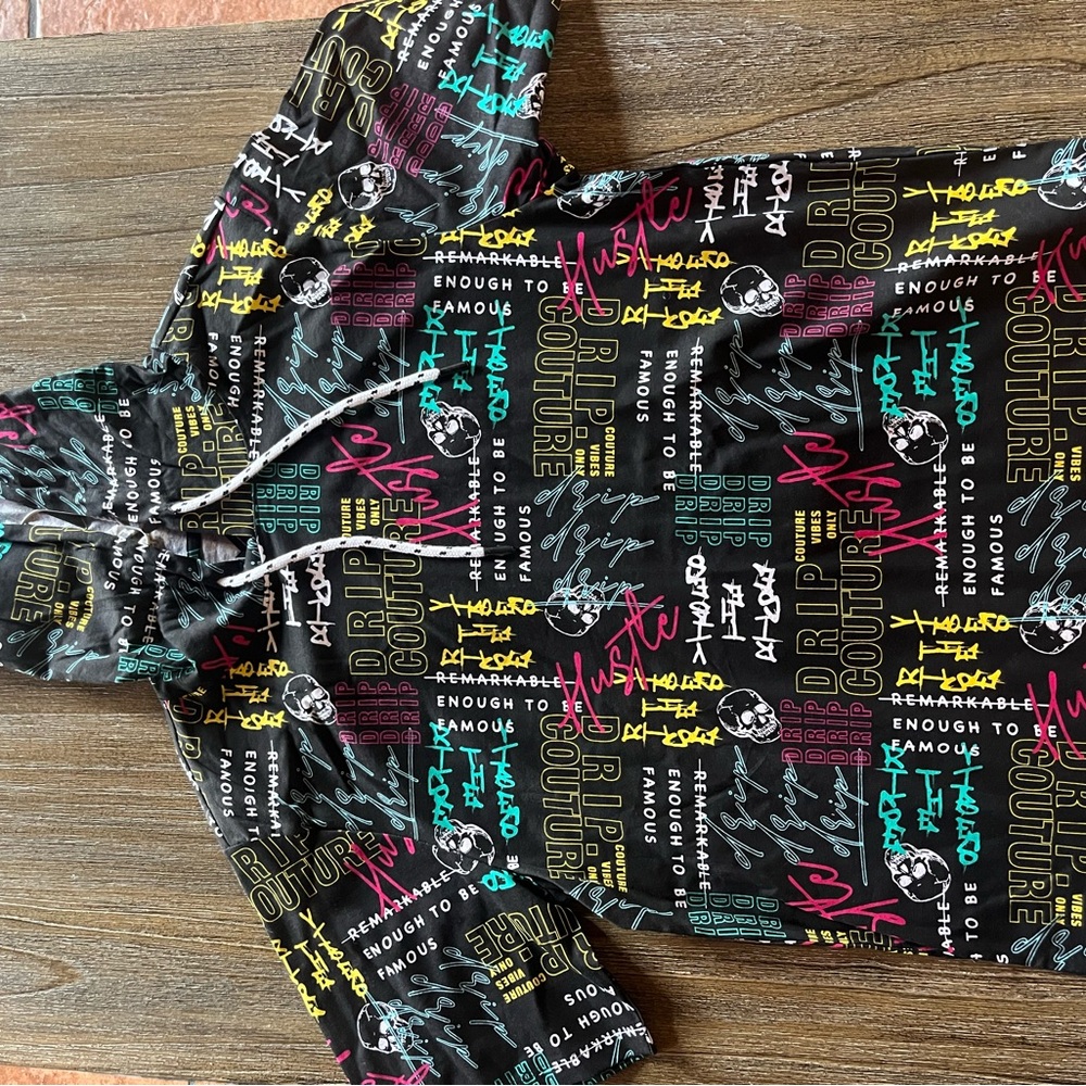 YM Black Graphic Hoodie with Multicolor Text
New w/tags